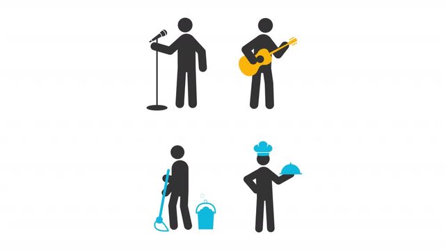 Different professions stick figures glyphs animation set. Restaurant shef, street musician. Concert singer, janitor service. Animated stickman icon pack. Black solid pictograms motion