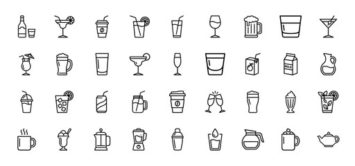 Fototapeta premium Beverage line icon set. Vector pictograms of cocktails, coffee, tea, beer, wine, juice, soda, water, milk, and smoothies, thin outline illustration.