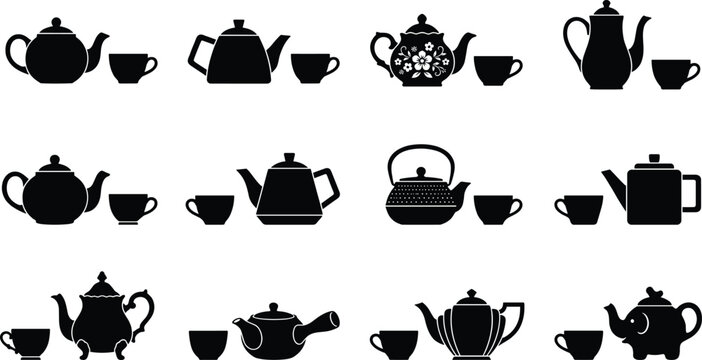 Teapot and teacup silhouette icons set, classic tea kettle designs, kitchen drinkware collection, black vector illustration for cafe decor