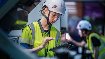 A female engineer in a hard hat and safety vest uses a tablet and stylus. She is focused, working in a high-tech smart factory or control room on a night shift.