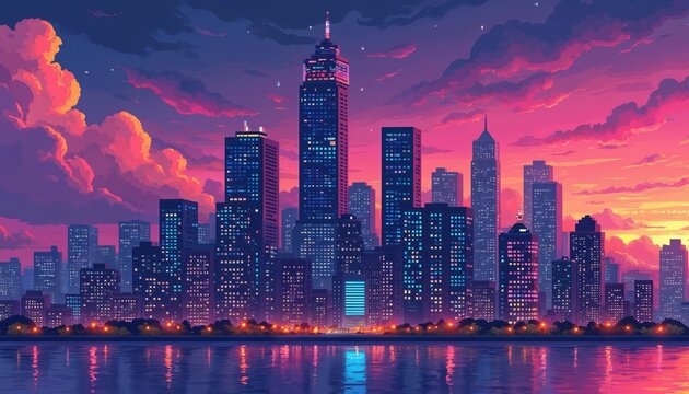 Pixel art cityscape with glowing skyscrapers at dusk. Colorful clouds paint the sky above a tranquil bay reflecting city lights. Modern urban scene unfolds with vibrant hues.