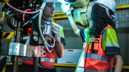 Professional industrial engineers collaborating on a maintenance project in a smart factory. Two technicians analyzing real-time production data on a tablet while inspecting automated robotic machiner