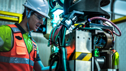 Diverse engineering team working with a white industrial robotic arm. A woman with curly hair in safety gear is inspecting the machine part, while a male colleague holds a digital control panel. The s