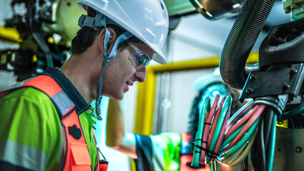Close-up view of a diverse engineering team collaborating in a factory. A woman with curly hair and a young man, both wearing white hard hats and orange safety vests, are looking intently at a digital
