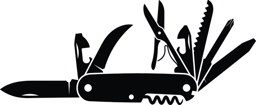 Pocket multi tool knife silhouette illustration, Swiss army style folding tool with blade scissors corkscrew, outdoor survival equipment design