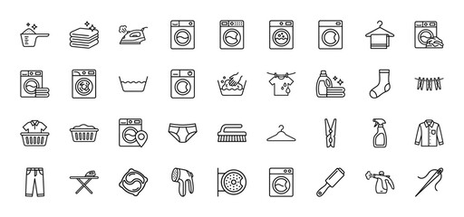 Fototapeta premium Laundry and garment care icon set. Vector pictograms of washing machine, iron, detergent, clothes hanger, basket, dryer, brush, and sewing needle, thin line illustration.