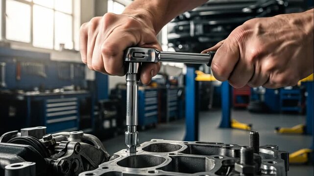 Hands using a wrench to fix an engine block in a workshop, indicating mechanical repair and maintenance services