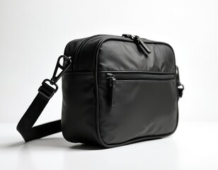 Naklejka premium Black crossbody bag with adjustable strap. Compact design for everyday carry. Multiple zippered compartments for secure organization. Versatile for urban exploration and travel.