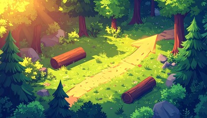 Lush Forest Clearing with Sunlight and Path.