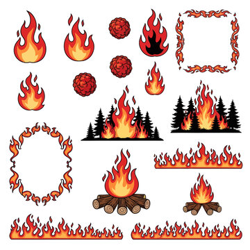 Collection of Fire Illustrations Flames Campfires and Decorative Borders.