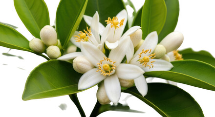 Obraz premium White citrus blossoms on green leaves isolated on transparent background
