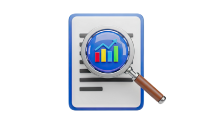 3D Magnifying glass over graph and document on transparent background