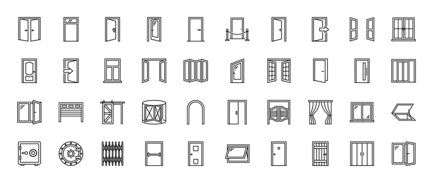 Architecture and interior design icon set featuring vector pictograms of doors, windows, gates, revolving entrance, sliding glass, and safe vault in thin outline style.