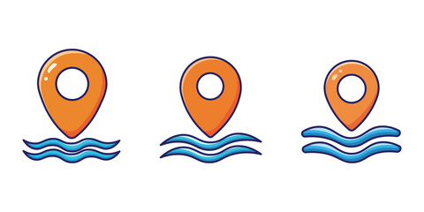 Floating Location Pin on Water Waves Set of Three Map Marker Icons for Travel and Maritime Navigation