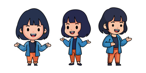 Friendly female cartoon character presenting with open hand gestures Cute vector illustration
