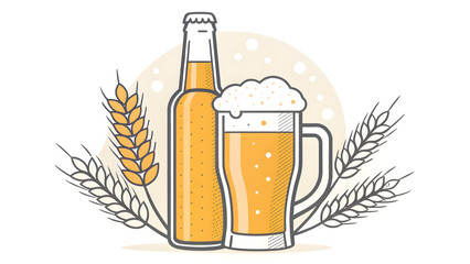 A cold glass of lager and a full mug of golden ale with white foam and bubbles isolated on a white background