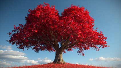 赤いハート形の樹木が主役の自然背景 恋愛や結婚のテーマに適した素材.生成AI