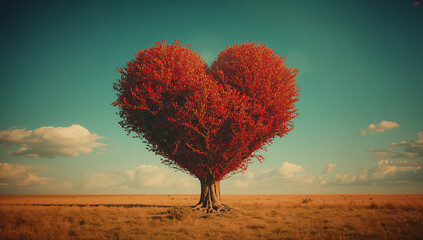 赤いハート形の樹木が映える幻想的な自然シーン 恋愛イメージ背景.生成AI