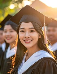 Asian graduate smiles at camera during a sunlit commencement