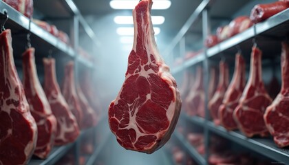 Prime beef cuts dry age on hooks in cold storage. Marbled meat hangs in butcher shop freezer, ready for gourmet cooking. Premium steak awaits preparation in chilled room.
