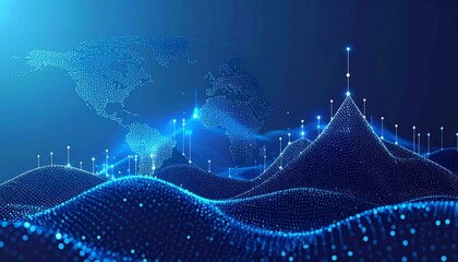 Abstract Blue Digital Landscape with Glowing Lights and Data Points.