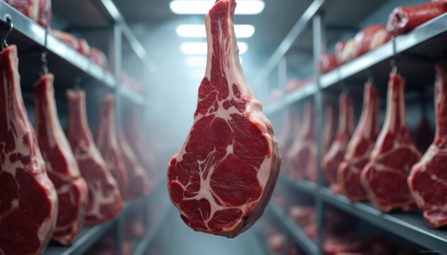 Prime beef cuts dry age on hooks in cold storage. Marbled meat hangs in butcher shop freezer, ready for gourmet cooking. Premium steak awaits preparation in chilled room.
