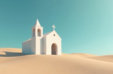 Fototapeta premium Minimalist white church sits on sand dune under clear sky. Religious building stands alone in arid landscape. Represents faith solitude spiritual journey isolated sanctuary.