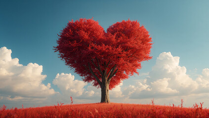 赤いハートの樹形が目を引く自然背景 愛と祝福を表現するモチーフ.生成AI