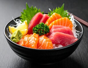 Assorted sashimi slices artfully arranged in a dark bowl with garnishes