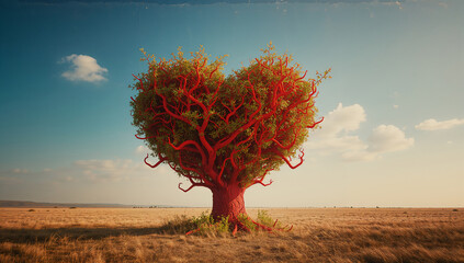 記念日のメッセージに合わせやすい赤いハート形の木 愛の自然モチーフ.生成AI