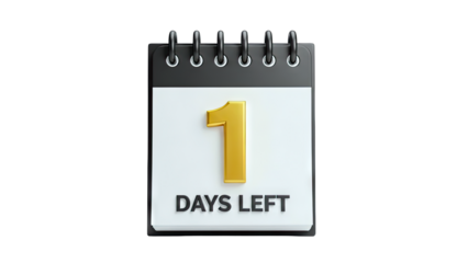 3D Calendar with "1 Day Left" message and golden number 1 on transparent background
