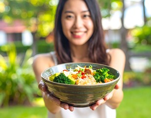 Asian woman smiles, offering bowl filled with fresh, colorful food