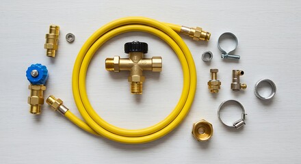 Various brass and metal industrial plumbing parts and connectors laid out on a white surface
