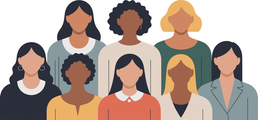 A diverse group of women with various skin tones and hairstyles stands together, representing unity and community