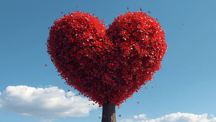 光に照らされる赤いハート形の木 祝福と愛を表現する自然シーン.生成AI
