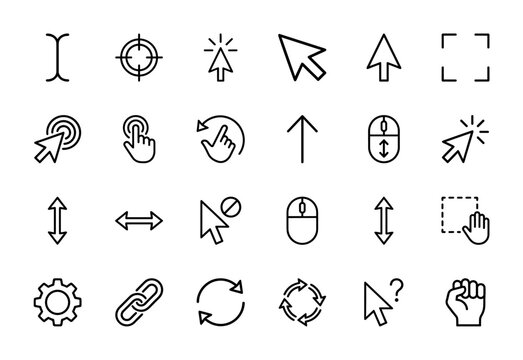 Computer cursor and interface line icon set. Vector pictograms of pointer, arrow, mouse, hand, click, drag, scroll, link, and refresh, thin outline illustration.