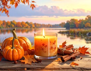 Autumn scene with pumpkins, candle, cinnamon sticks, and lake view