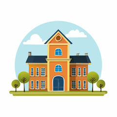 Naklejka premium Flat illustration of an orange school building with a clock tower, blue door and roof, set against a blue sky with clouds and green trees.