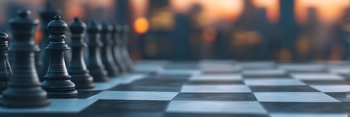 Obraz premium A close-up view of a chessboard with black pieces, set against a blurred city skyline at sunset, highlighting strategy and concentration.