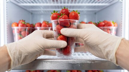 Hands in gloves taking plastic cup of fresh red strawberries from commercial refrigerator.