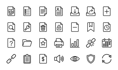 Fototapeta premium Business and document management line icon set. Vector pictograms of folder, printer, calendar, chart, shield, lock, and file interface, thin outline illustration.