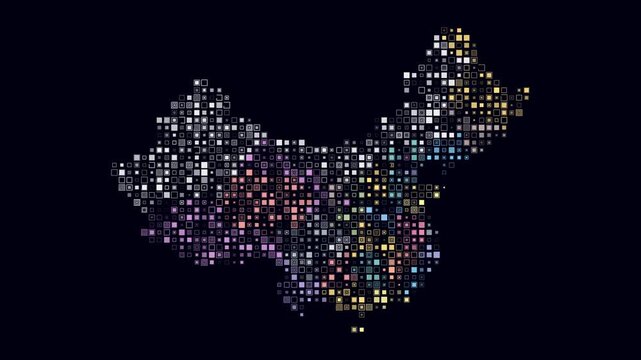 China map animation. Shape of the country with pulsating colored dots. Small size square blocks. Digital style China map on dark background. Plain video.