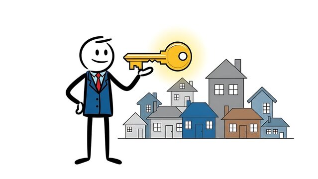 Stick Figure Businessman Holding Golden Key Over Houses.