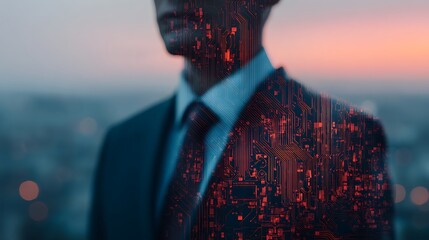 A blurred image of a suited figure with digital circuitry patterns overlaying the attire, symbolizing the fusion of technology and professionalism.