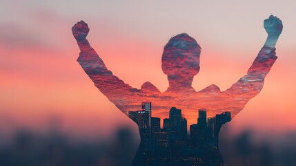 A silhouetted figure with raised arms is overlaid by a vibrant sunset and cityscape, symbolizing triumph and connection with urban life.