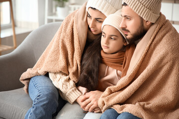 Frozen family in hats with plaid and lack of heating sitting on sofa at home