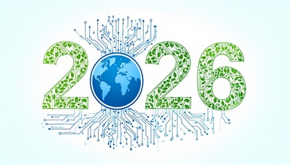 Futuristic 2026 design with globe and circuit board elements