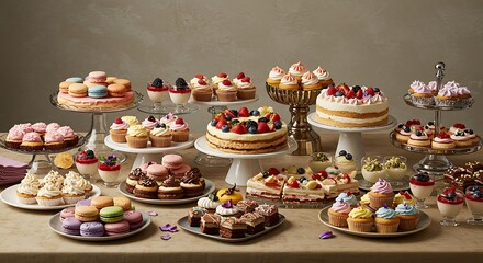 Various delectable desserts and pastries presented on elegant tiered stands and platters