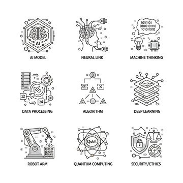 Outline Icons of AI, Deep Learning, Data Processing, Robotics, and Quantum Computing Technology