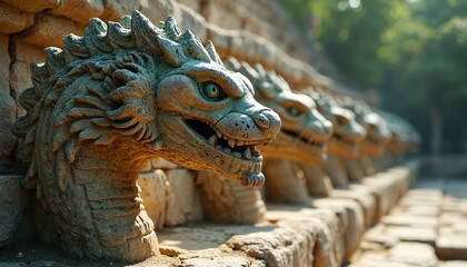 Stone carvings of feathered serpent heads line ancient stone wall. Mythical creatures, with green eyes, sharp teeth, create fearsome display. Row extends into distance, hinting at larger structure.